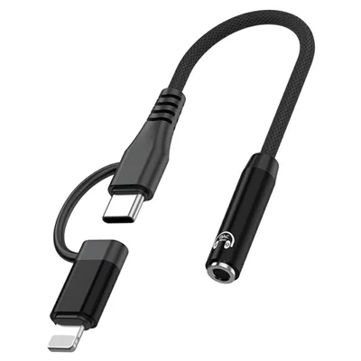 Cavo adattatore HiFi 2 in 1 Type-C / iP a 3,5 mm con DAC 384kHz / 32bit, equalizzatore a 8 bande, plug and play - Nero