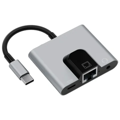 3-in-1 USB-C-Ethernet-Adapter 100 Mbps, 3,5-mm-Audioanschluss, Aluminiumlegierung, für Gaming – Grau
