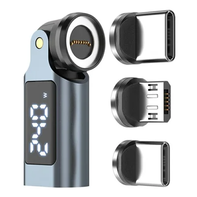 3 in 1 Magnetic Rotating Adapter 540 Degree Dual-Axis LED Display 240W Charging Data Transfer Connector for Phones Tablets Laptops - Grey