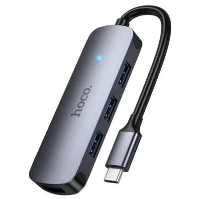 HOCO HB57 Type-C to 4 USB 3.0 Hub Adapter, 5Gbps Data Transfer, Aluminum Alloy Converter - Tarnish