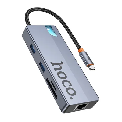 HOCO HB52 Type-C Hub 4K 60Hz HDTV, 100Mbps RJ45, SD / TF Card Reader, PD 100W Input, Type-C 3.0 + 2 USB 3.0 - Dark Grey