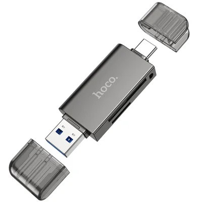 HOCO HB39 Lettore di Schede USB + Type-C 3.0 a SD + TF 3.0, 5 Gbps, Fino a 2 TB, in Lega di Zinco + PC, Lettura/Scrittura Simultanea a Doppia Fessura - Opaco