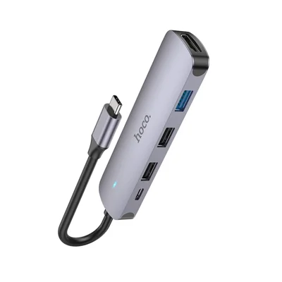 HOCO HB27 Hub multiporta Type-C, cavo da 135 mm ± 4 mm, HD 4K 30 Hz, fino a 60 W PD, porta USB 3.0 + 2 porte USB 2.0 - Opaco