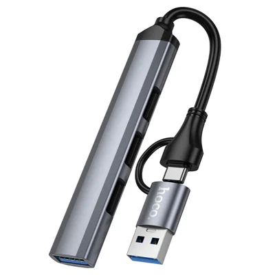 HOCO HB26 Hub USB, Ingresso USB + Type-C, 1 USB 3.0 + 3 USB 2.0, Trasferimento 5Gbps / 480Mbps, Fino a 1TB di Unità - Tarnish