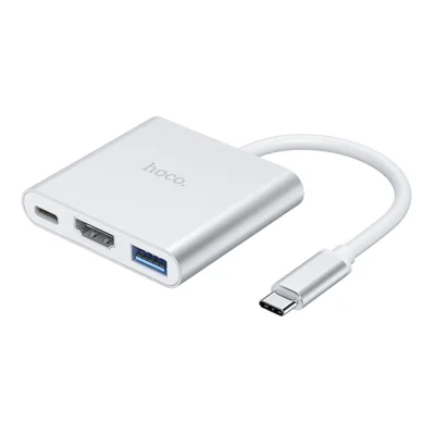 HOCO HB14 Type-C Hub with 105mm Cable, USB 3.0 Port, HD Video Output, 67W PD Charging Input for Type-C Laptops - Silver