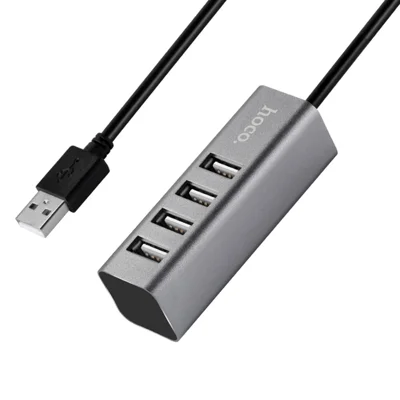 HOCO HB1 4-Port USB 2.0 Hub with 80cm Cable, Independent Ports, 480Mbps Transfer, Supports One Portable HDD Up to 1TB - Tarnish