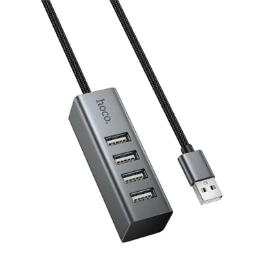 HOCO HB1A 4-in-1 USB Hub, USB to 4 USB 2.0 Ports, Up to 480Mbps Transfer, Aluminum Alloy + Braided Cable Converter - Tarnish