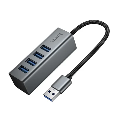 HOCO HB1B 4-in-1 USB to 4-Port USB 3.0 Hub, Up to 5Gbps, Aluminum Alloy + Braided Cable - Tarnish