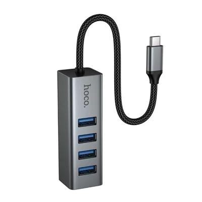 HOCO HB1C Type-C to 4-Port USB 3.0 Hub Adapter, 5Gbps Data Transfer, Aluminum Alloy + Braided Cable - Tarnish