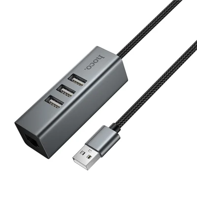 HOCO HB1D Convertitore 4 in 1 da USB a 3 USB 2.0 + RJ45, Trasferimento Dati Fino a 480 Mbps, Ethernet 10 / 100 Mbps - Tarnish