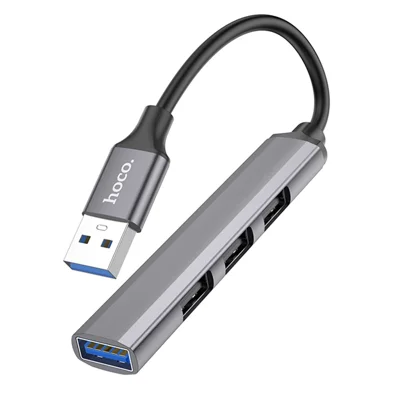 HOCO HB26 Hub USB con Cavo da 13 cm, USB Maschio a 1 USB 3.0 + 3 USB 2.0 Femmina, Supporta Dischi Rigidi fino a 1 TB, in Lega di Alluminio - Opaco