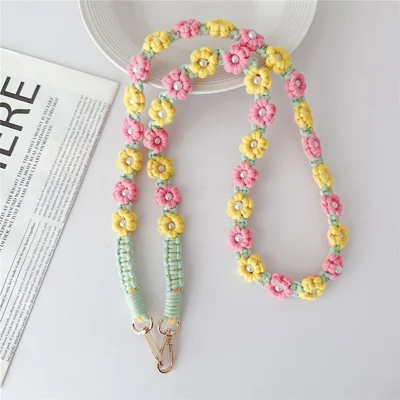 Telefoon Lanyard Katoenen Koord Gevlochten Madeliefje Crossbody Band, Lengte: 120 cm - Rood+Geel
