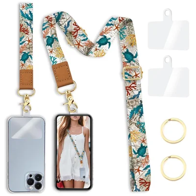 Adjustable Crossbody Phone Lanyard Wrist Strap with 2 Tether Tabs + 2 Round Buckles - Sea Turtle