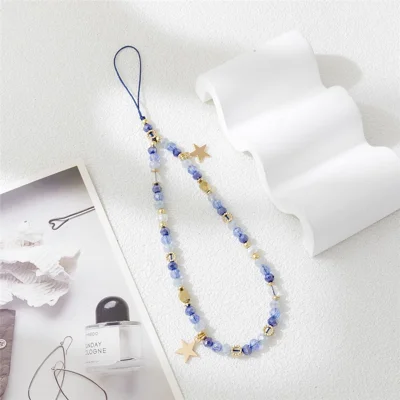 32cm Crystal Beaded Phone Charm Strap Star Pendant Anti-Lost Lanyard Wrist Strap - Blue