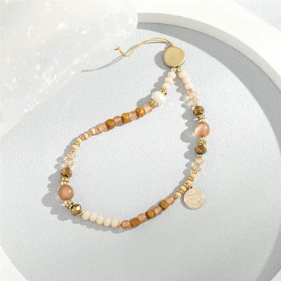 30cm Bohemian Phone Wrist Strap Glass Stone Wood Beaded Charm Strap Lanyard - Coffee