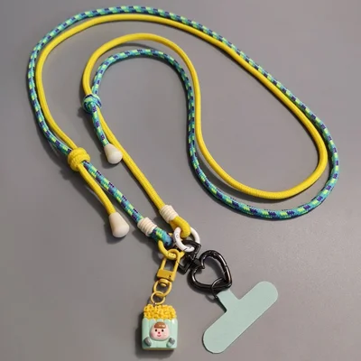 6mm Thick Crossbody Phone Lanyard Adjustable Polyester Neck Strap with Tether Tab, Total Length: 122cm - Cyan+Yellow