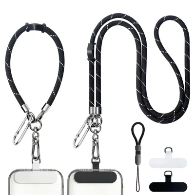 Bulk Purchasing HY-10088 Crossbody Phone Lanyard Polyester Wrist Strap Set with Tether Tab - Black / White