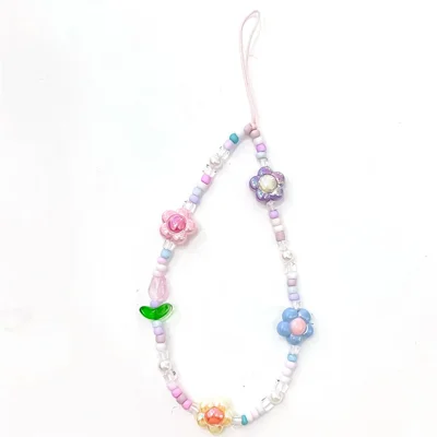 Beaded Phone Lanyard Wrist Strap Cute Flower Aesthetic Cell Phone Keychain Charm