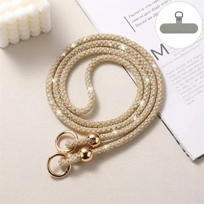 60cm Crossbody Phone Lanyard Strap with Tether Tab Cell Phone Strap Plastic Pearls Rhinestone Decoration - Champagne