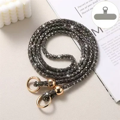 Crystal Beaded Phone Lanyard Crossbody Strap with Tether Tab for Mobile Devices - Grey