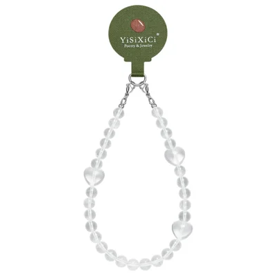 YISIXICI SJL0005 White Crystal Charm Bracelet Heart Design 8mm Round Bead Phone Wrist Lanyard