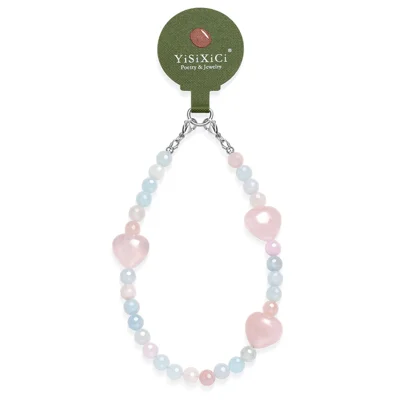 YISIXICI SJL0011 8mm Polygonal Bead Bracelet Heart Design Morgan Stone + Pink Crystal Phone Charm Wrist Lanyard
