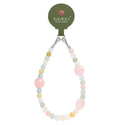 YISIXICI SJL0012 Phone Charms 8mm Round Bead Morganite Crystal Wrist Lanyard
