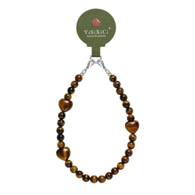YISIXICI SJL0015 Tiger Eye Stone Charm Bracelet Heart Design 8mm Round Bead Phone Wrist Lanyard