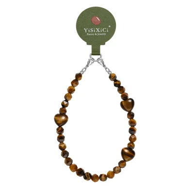 YISIXICI SJL0016 8mm Polygonal Bead Bracelet Heart Design Tiger Eye Stone Phone Charm Wrist Lanyard