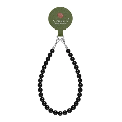 YISIXICI SJL0017 Black Tourmaline Charm Bracelet 8mm Round Bead Phone Wrist Lanyard