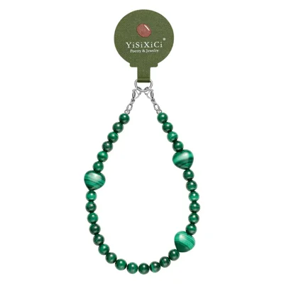 YISIXICI SJL0022 Malachite Charm Bracelet Heart Design 8mm Round Bead Phone Wrist Lanyard