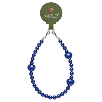 YISIXICI SJL0024 Lapis Lazuli Charm Bracelet Heart Design 8mm Round Bead Phone Wrist Lanyard
