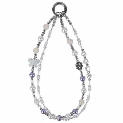 YUNSE SAB011 Double Layer Phone Chain Elegant Purple Crystal Pearl Lanyard 30-34cm Stylish Accessory