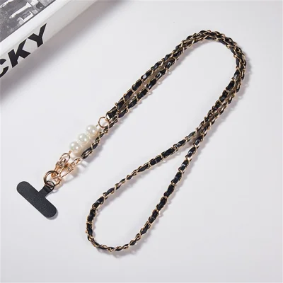 120cm Crossbody Phone Chain Aluminum Zinc Alloy PU Pearl Strap Hanging Necklace Lanyard with Tether Tab - Black