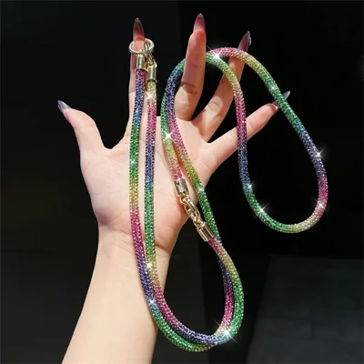 3-in-1 Detachable Phone Lanyard Crossbody Strap Crystal Wrist Neck Universal Phone Chain - Rainbow Color