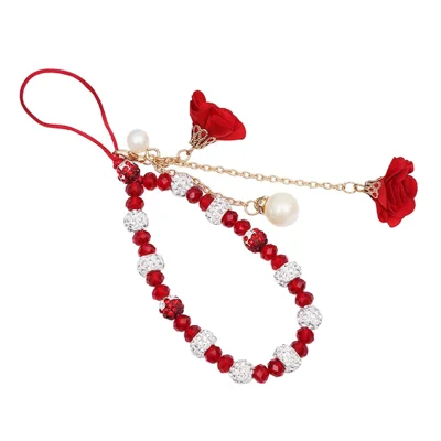 18.7cm Phone Lanyard with Crystal Beads and Rose Flower Charms Wrist Strap Hand Chain Mobile Phone Accessory - Red