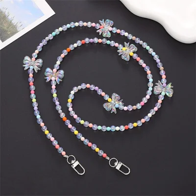 Catena per Telefono a Forma di Cuore e Farfalla con Perline 122 cm - Portachiavi Decorativo a Tracolla, Modello K034 con Fiocchi