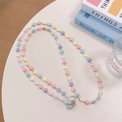 120cm Length Colorful Beaded Phone Chain Lanyard Strap Crossbody Lanyard Candy Color Faux Pearls String Phone Neck Strap