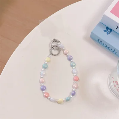 32cm Length Candy Color Beaded Phone Charm Strap Lanyard Bracelet Colorful Pearl Chain Wrist Lanyard Phone Strap Accessories