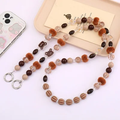 120cm Acrylic Bead Phone Lanyard with Cute Bear Charm Cartoon Strap Crossbody Bag Keychain Accessories