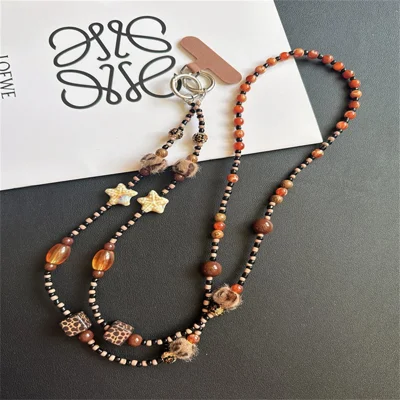 120cm Beaded Phone Lanyard Chain CellPhone Charm Camera Crossbody Strap with Tether Tab - Leopard-print Pom-pom
