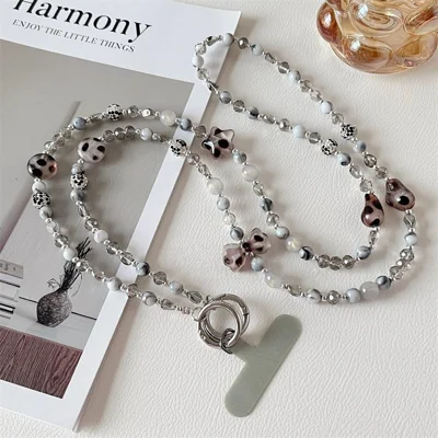 120cm Phone Chain Lanyard Rhinestone Beaded Phone Strap Crossbody Cord with Tether Tab - Grey