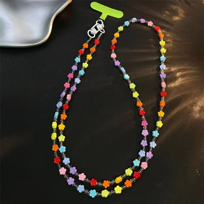 120cm Colorful Beaded Phone Lanyard Strap Crossbody Chain with Tether Tab for Phone Case Camera Bag - Colorful Flowers / Transparent Beads