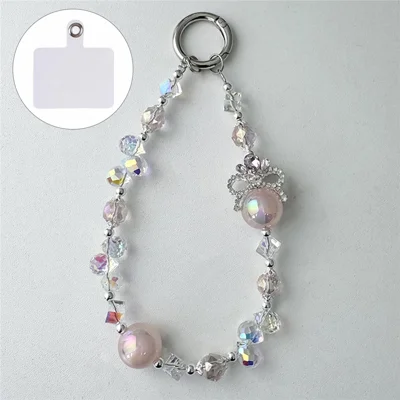 A1090 30cm Crown Phone Lanyard with Removable Blank White Card Alloy Beaded Chain Crystal Pearl Bead Phone Charm Wrist Strap - Pink