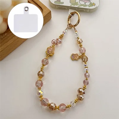 A1120 30cm Lucky Cat Design Phone Lanyard with Removable Blank White Card Beaded Chain Pearl Bead Phone Charm Wrist Strap - Pink