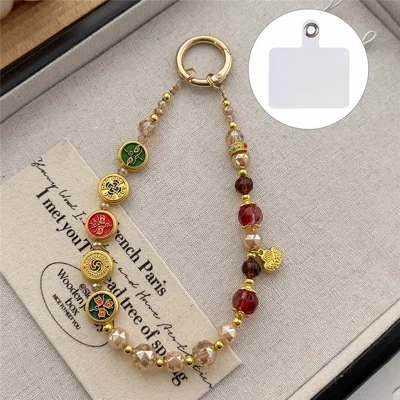 A1123 30cm Chinese Lucky Design Phone Lanyard with Removable Blank White Card Crystal Beads Enamel Pendants Phone Charm Wrist Strap - Green
