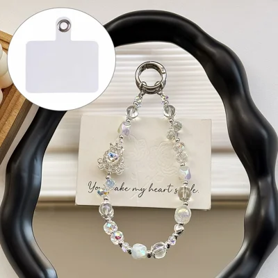 A1127 30cm Llavero para Teléfono con Colgante de Corona, Cuentas de Cristal, Gancho de Resorte Metálico Extraíble con Tarjeta Blanca en Blanco - Blanco