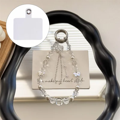 A1155 30cm Phone Lanyard Pearl Butterfly Tassel Crystal Beads Phone Charm Wrist Strap Mobile Key Chain Accessories - White
