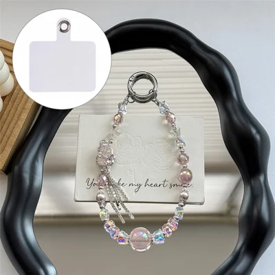 A1160 30cm Phone Lanyard Butterfly Crystal Beaded Metal Clasp Phone Charm Wrist Strap with Removable Blank White Card - Pink
