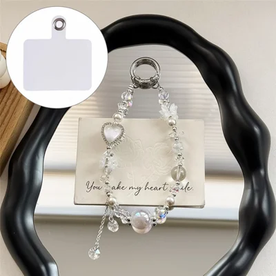 A1158 30cm Phone Lanyard Heart-shaped Crystal Pearl Keychain Phone Charm Wrist Strap with Removable Blank White Card - White